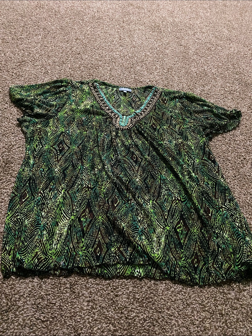Beaded V-Neck Green Patterned Women's Tunic Top